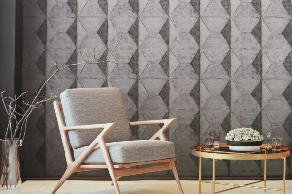 room set showing geometric wallpaper